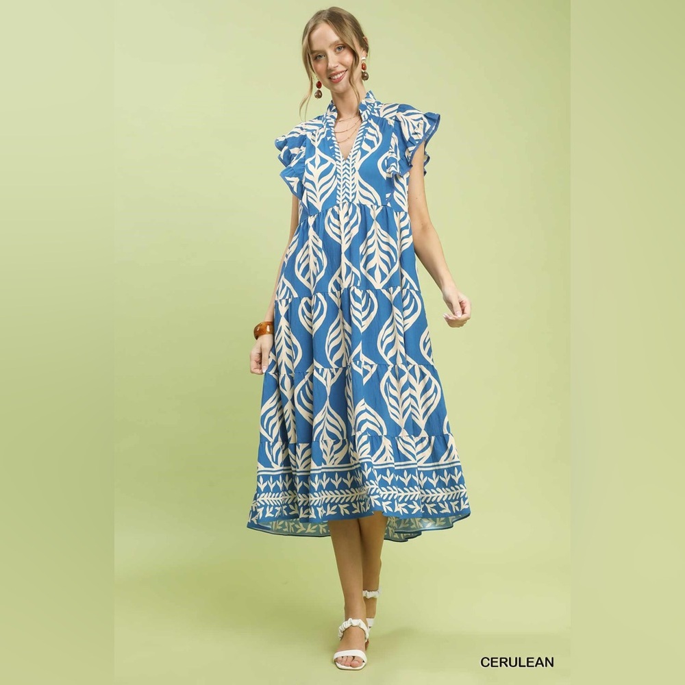 Umgee Leaf Print Tiered Midi Dress with Pockets🆕